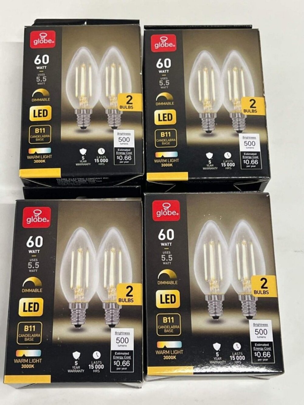 Globe Lot of 4 Dimmable B11 LED Light Bulbs 60W Equivalent Candelabra Base 3000K